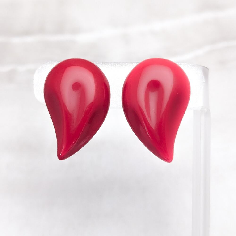 Vintage Clip On Earrings 1 & 3/8" Stylish Glossy Red Retro Curved Statement